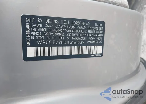 2001 Porsche Boxster S from USA, damaged, VIN WP0CB29801U661839